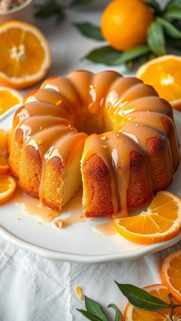 Moist Almond Cake with Zesty Orange Glaze Moist almond cake with orange glaze, garnished with orange zest and slices, on a white plate.